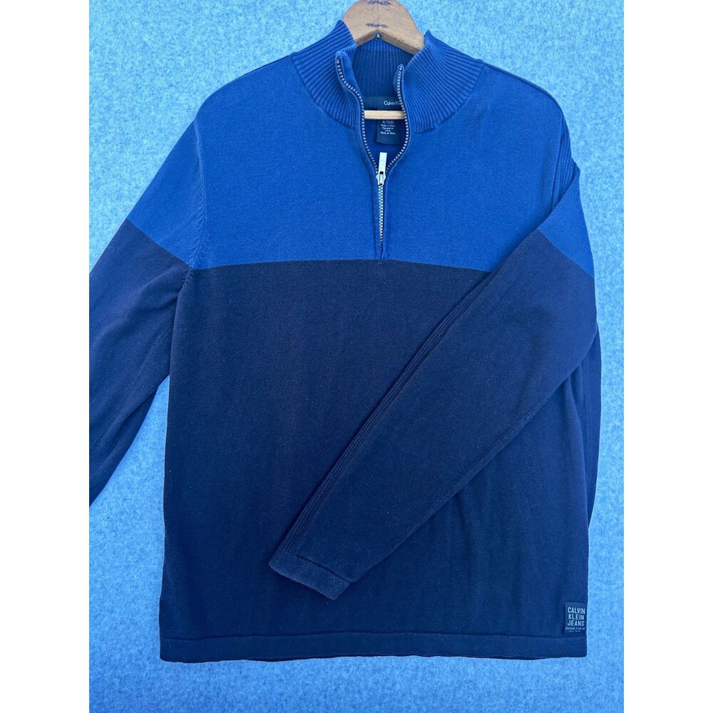Calvin Klein Jeans Men's Colorblock 1/4 Zip Mock Neck Knit Sweater XL Blue